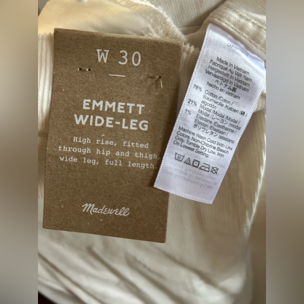 Madewell Wide-Leg 30 NWT New Emmett Full Length Winter White Corduroy Pant - Picture 5 of 5